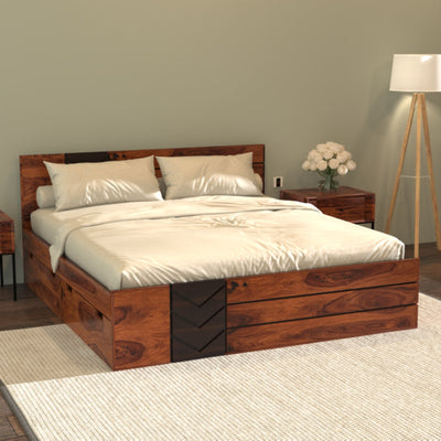 Faylin sheesham Wood Bed With Box Storage King Size (Honey Finish)